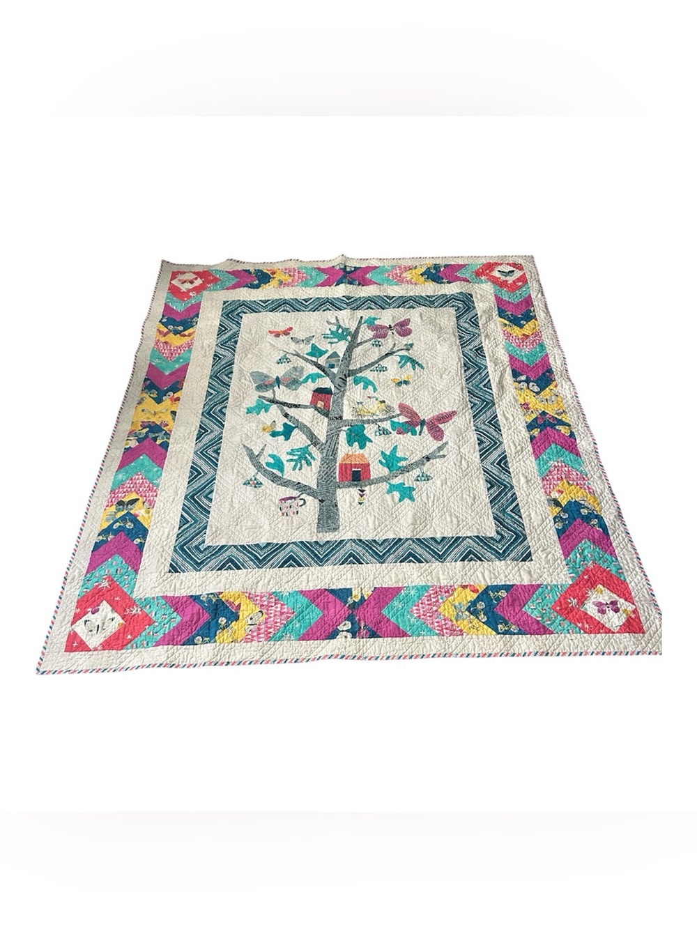 Gorgeous Whimsical Hand Embroidered The Wishing Tree Quilt Throw Art Reversible